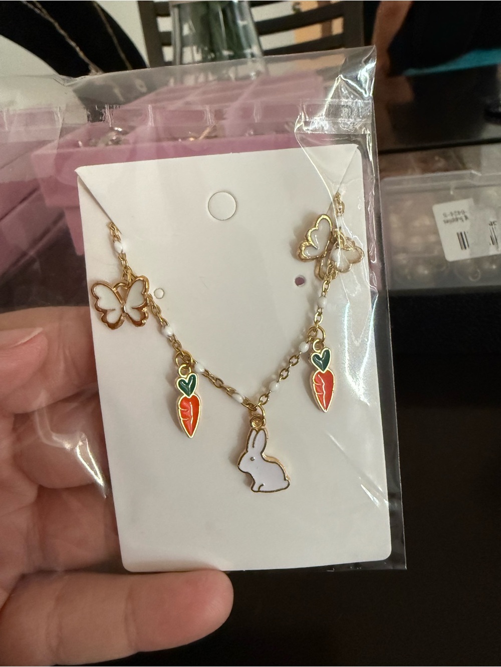 Gold-Tone Bunny & Carrot Charm Necklace - White and Orange
